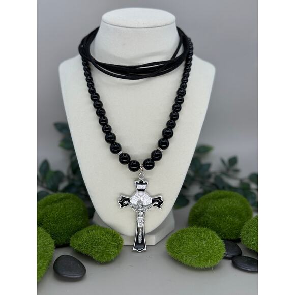 Handmade Onyx Beaded Crucifix Necklace - Picture 1 of 6